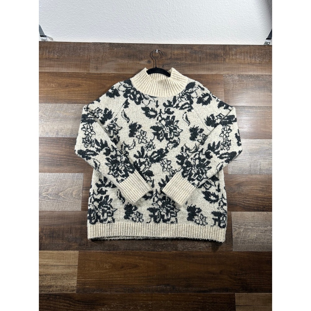 Peyton Primrose Cream Black Floral Mock Neck Knit Sweater Large Raglan Pullover